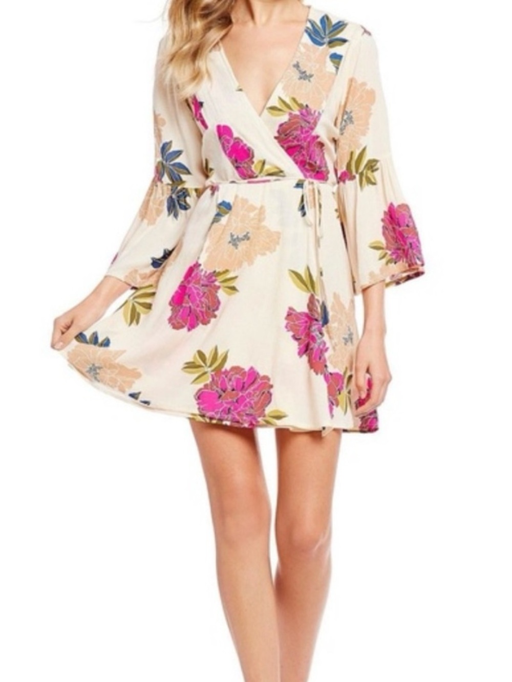 Billabong Cream Divine Floral Wrap Dress with Pink Blooms